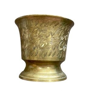 Vintage Brass Footed Cup Ornate Leaf Design MYK India 3.25” Tall Boho Home Decor